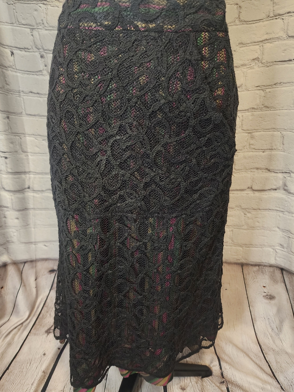 Black Lace Midi Skirt with Colorful Underlay